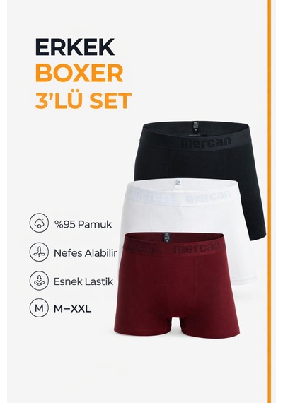 Mercan 3'lü Erkek Pamuklu Likralı Esnek Boxer Bordo Beyaz Siyah Çok Renkli