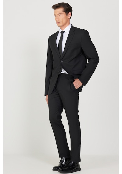 Ac&co Erkek Sıyah Yünlü Slim Fit Mono Yaka Kapak Cepli Takım Elbise Siyah