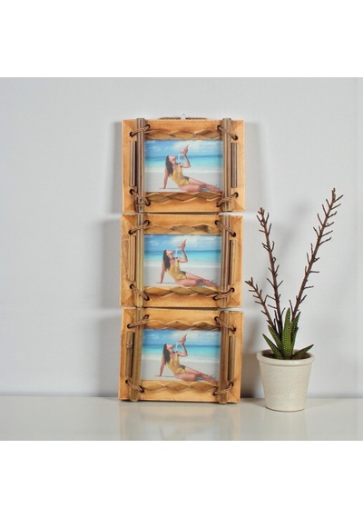 El Yapımı Doğal Ahşap 3 Lü Bambu Bamboo Fotoğraf Çerçevesi Dekoratif Ev Ofis Hediyesi Duvar Süsü - 1