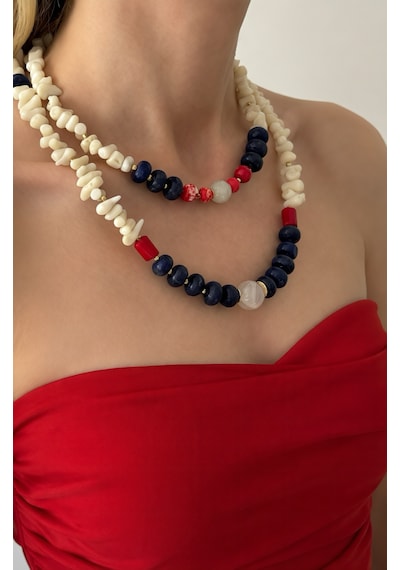 El Yapımı Doğal Taşlı İkili Kolye Beyaz Mercan, Lapis Lazuli, Jasper Ve Ay Taşı Kolye Mavi