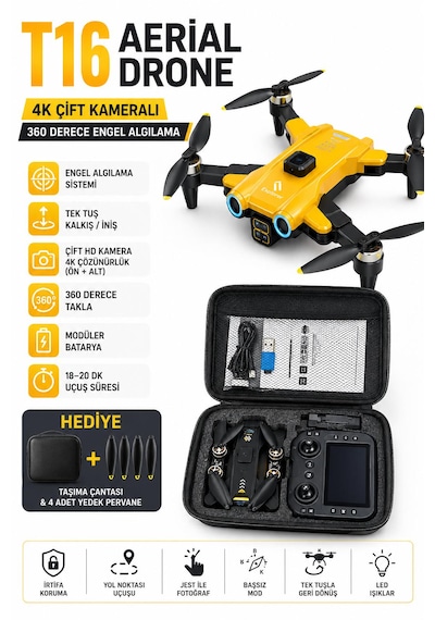 T16 İha Hava Fotoğrafçılığı Dronu 4k Çift Kamera 360 Derece Engel Algılama 4.5 İnç Ekranlı Kumanda 360 Derece Takla Yanıp Sönene Işıklar Sabit Havada Kalma Tek Tuş İniş Kalkış Tek Tıkla Geri Dönüş