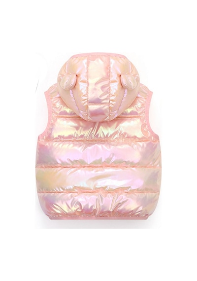 Petityu Parlak Puffy Teddy Kulaklı Pufudik Şişme Yelek Pufudik Pembe Kız Çocuk Yelek Pembe