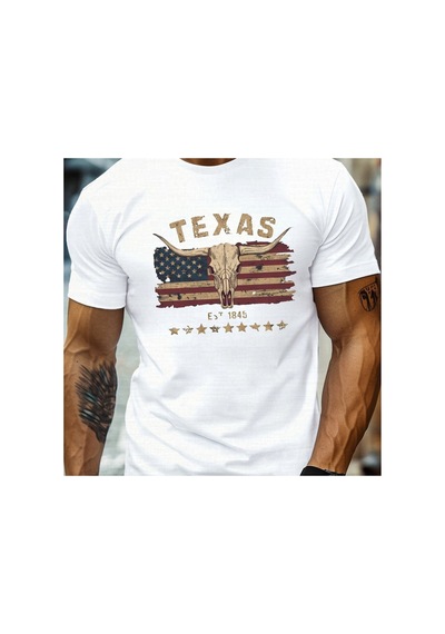 Caddemia Yaz Moda Rahat Gevşek Texas Longhorn İnek Kafatası Desen Baskılı Yuvarla Beyaz 2XL