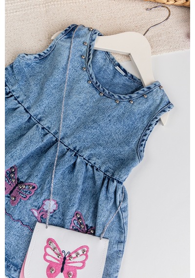 Babymod Kelebek İşlemeli Boncuklu Çanta Hediyeli Kız Bebek Kot Elbise Jean Jile Mavi Babymod Kelebek İşlemeli Boncuklu Çanta Hediyeli Kız Bebek Kot Elbise Jean Jile Mavi