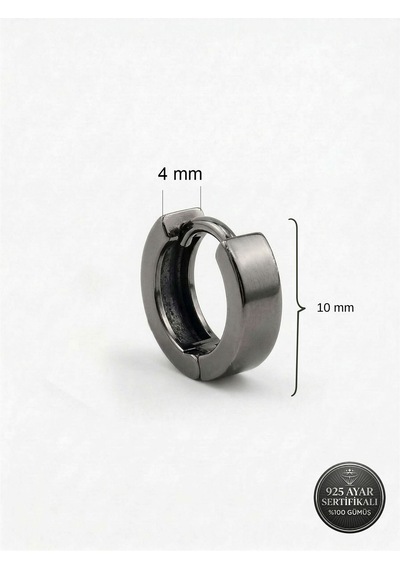 925 Ayar Gümüş Siyah Rodajlı Yuvarlak Erkek Huggie Halka Küpe - Tek 4x11mm Rze10297