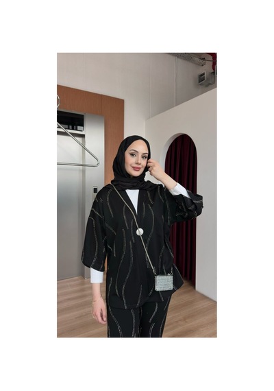 Gugus Kadın Tesettür Bol Paça Modal Kumaş Kimano Takım Taş İşlemli Siyah