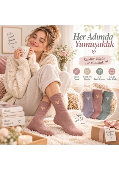S'82 Kadın Geyik Nakışlı Fitilli Soket Çorap 3 Lü Yumuşak Dokulu Pastel Renk Günlük Çorap Seti Çok Renkli