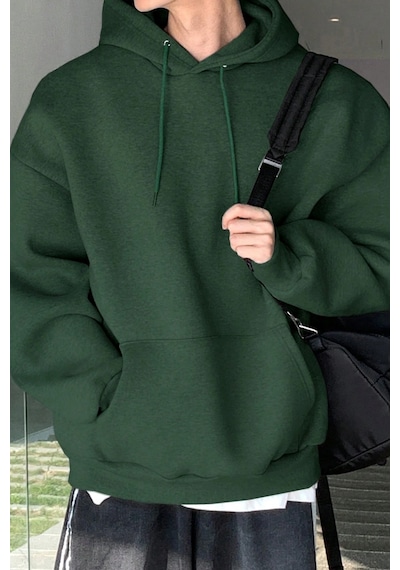 Genius Store Erkek Sweatshirt Kanguru Cepli İçi Polarlı 3 İplik Kapüşonlu Oversize Sweatshirt Kanguru-sweatshırt Yeşil