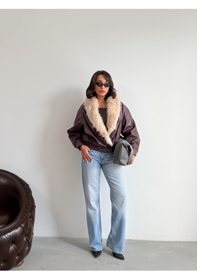 Verymoda Yakası Kürklü Kruvaze Deri Mont F2050 Bordo