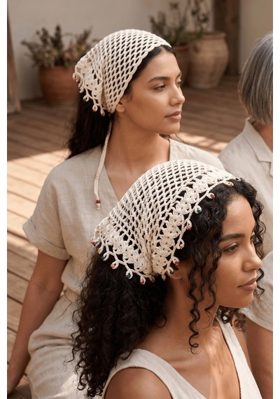 %100 El Örgüsü Boncuklu Bohem Kadın Bandana Saç Aksesuarı Krem