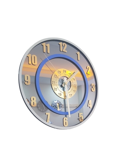Yeni Trend Gold Pleksi Gerçek Ayna Duvar Saati Çap 30cm Gri-mavi Gri-mavi