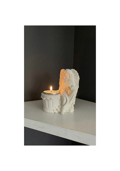 Dekoratif Melek Figürlü Tealight Mumluk - Estetik Tasarım Masaüstü Biblo Ve Şamdan Beyaz