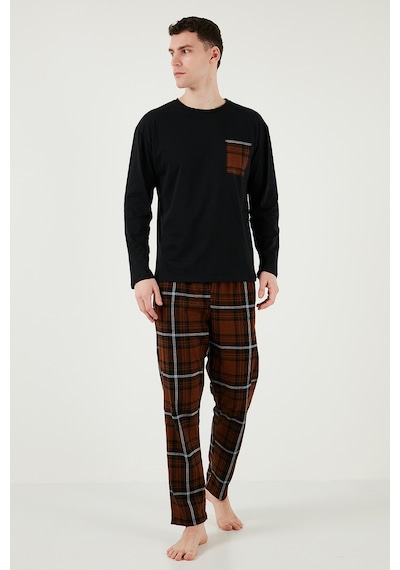 Buratti Ekoseli Cepli Beli Lastikli % 100 Pamuk Regular Fit Erkek Pijama Takımı 6572001 Siyah-Kahve