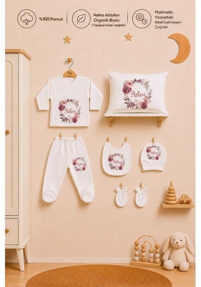 Pia Baby İsme Özel Kız Bebek %100 Pamuk Zıbın Şapka Önlük Eldiven Ve Yastık Kılıfı Hediyelik Set 1006yz3x Ekru