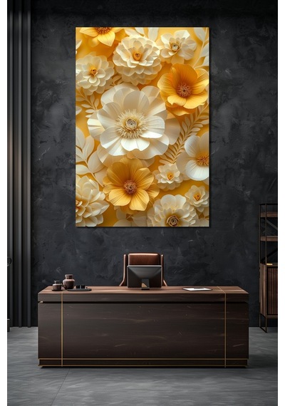 Çiçek Baskılı Cam Tablo 3d Görünümlü Sarı Beyaz Floral Dekoratif Duvar Tablosu