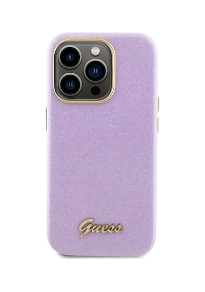Apple Uyumlu iPhone 15 Pro Max Kılıf Guess Lisanslı Yazı Logolu Glitter Glossy Script Kapak Lila
