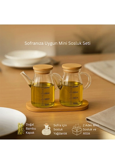 Mini Yağdanlık Ve Sosluk Seti, Bambu Stantlı Ve Vakumlu Bambu Kapaklı, 2'li 200 Ml Salata Seti Ahşap