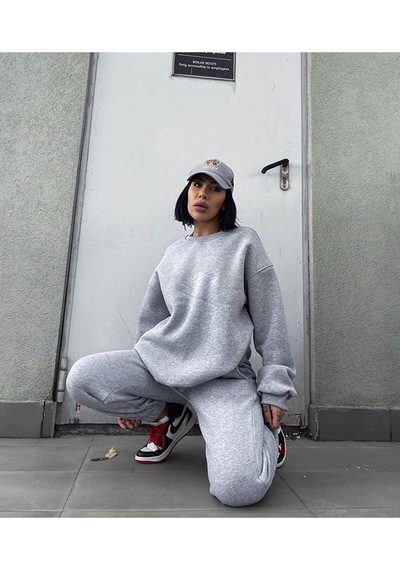 Baskısız Eşofman Takımı Sweatshirt Jogger - Gri Oversize Şardonlu Bisiklet Yaka Gri