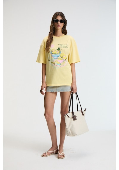 Grımelange NITZA Kadın %100 Pamuk Oversize Bisiklet Yaka Sarı T-Shirt Grımelange NITZA Kadın %100 Pamuk Oversize Bisiklet Yaka Sarı T-Shirt