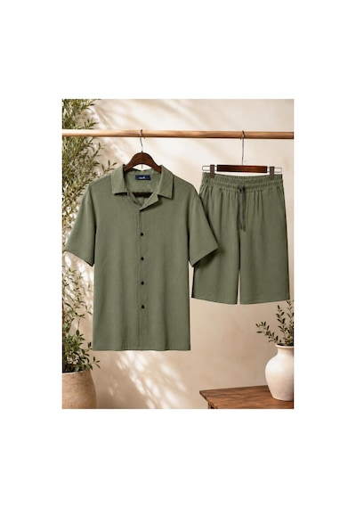 Mcz Yeşil Renk Bürümcük Kumaş Slim Fit Erkek Şort - Gömlek Alt Üst Takım