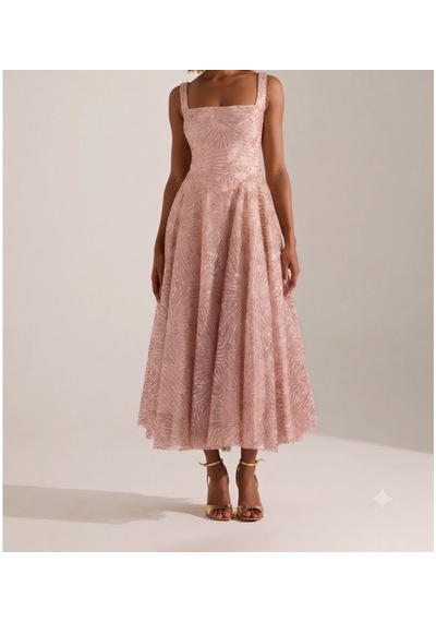 Uzer Abiye Işıltılı Sim Baskılı Jacquard Dokulu Kare Yaka Couture Premium Abiye Elbise,düğün Albisesi Pudra