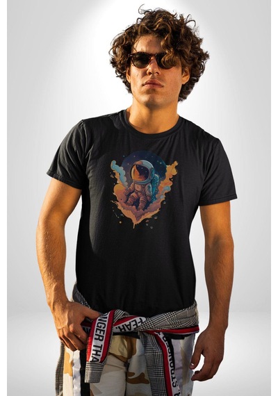 Bulutlar Astronot Uzay Unisex Unisex Siyah Organik Baskılı T-shirt Penye Yüksek Kalite Siyah