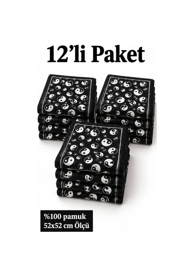 Herşeynota 12 Li Siyah Yin Yang Desenli 52x52 Cm %100 Pamuk Fular Bandana Seti Çok Renkli