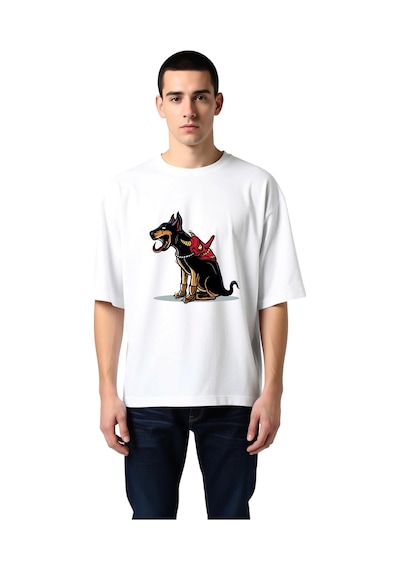 Paybuy Erkek Oversize Tişört Kafatası Maskeli Döberman Köpek Baskısı Rah Beyaz