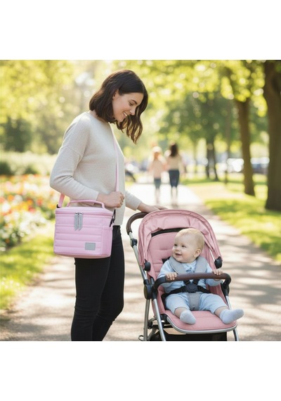 Bebek Termal Mama Çantası Çift Saplı El & Omuz - Çoklu File Cep-342 Pembe