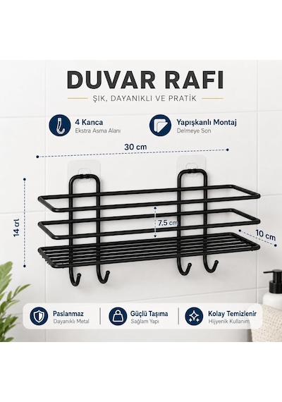 Siyah Yapışkanlı Banyo Ve Mutfak Rafı, 4 Kancalı Metal Duvar Rafı, Şampuanlık Ve Baharatlık Organizer, Delmeden Kolay Kurulumlu Çok Amaçlı Düzenleyici