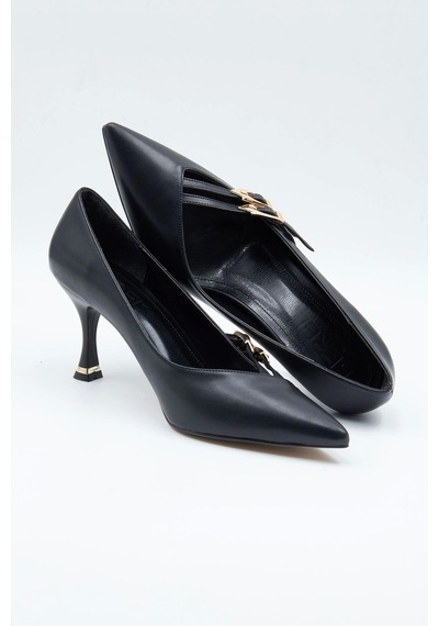 Kadın Abiye Stiletto Mat Siyah Altın Tokalı 7cm Topuklu Tam Kalıp Siyah-cilt Siyah