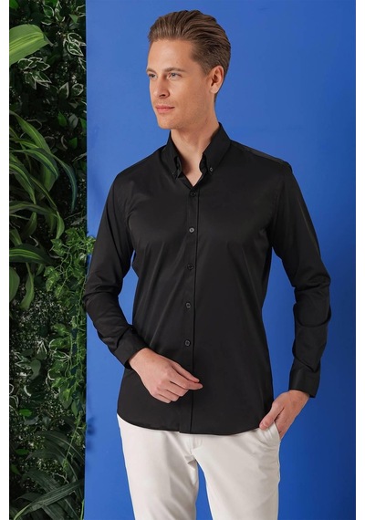 Efor Slim Fit Düğmeli Yaka Uzun Kol Pamuklu Klasik Siyah Gömlek Gk 716 Siyah
