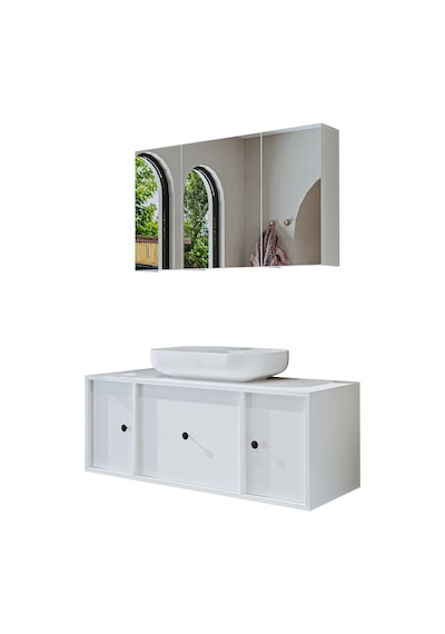 Lavabolu Mdf 120 Cm Çekmeceli Banyo Dolabı + Aynalı Dolap Beyaz Mat Beyaz