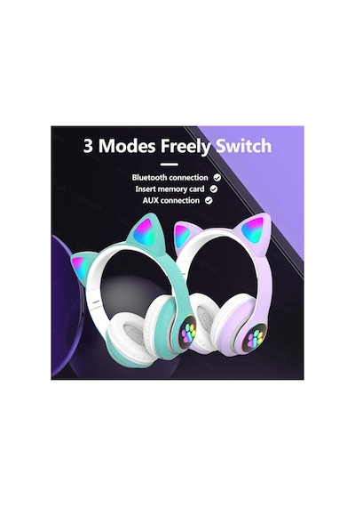 Stn-28 Kulaküstü Kablosuz Kedi Tasarımlı Kulaklık Bluetooth Fm Radyolu Hafıza Kartı Girişli Sevimli Kulaklık