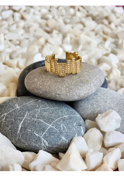 Eva Takı Store Zikzak Geometrik Model Sedefli Zirkon Taşlı Ayarlanabilir Gold Renk Çelik Yüzük Gold