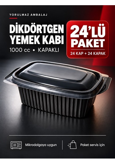 Yorulmaz Ambalaj 1000 Cc Kapaklı Dikdörtgen Yemek Kabı 24 Lü Mikrodalgaya Uygun Siyah Paket Servis Kabı