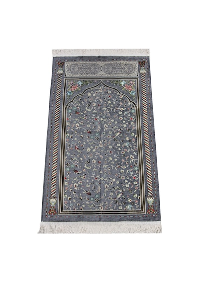 Gri Çiçekli Ravza Desenli Astarlı Şönil Seccade 001