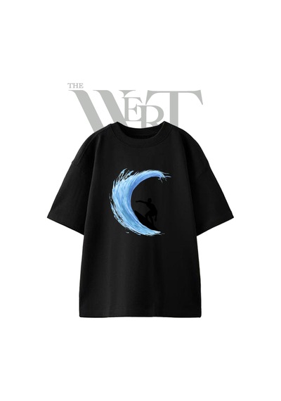 Thewert Sorfcu Dalga Tasarım Baskılı Ünisex Siyah Oversize T-shirt