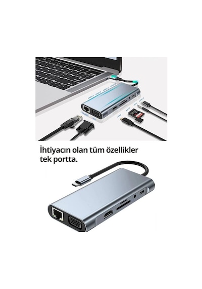 Alfalink Type-c To Usb 11in1 Çevirici Çoğaltıcı Hub Adaptör Lan+type-c+sd Card+usbx4+audio+hdmı+vga