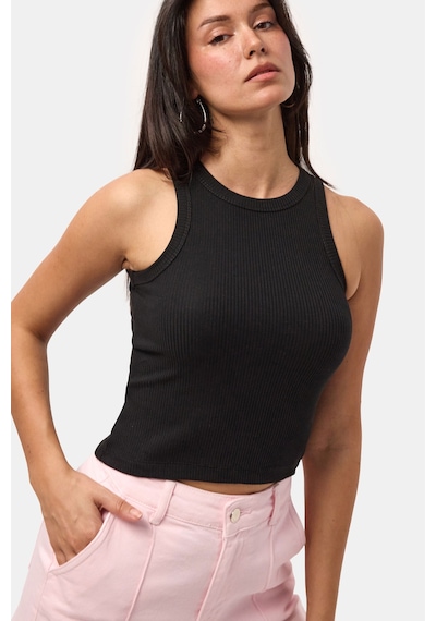 Kadın Siyah S6-1 Sıfır Kol Esnek Kumaş Crop Top