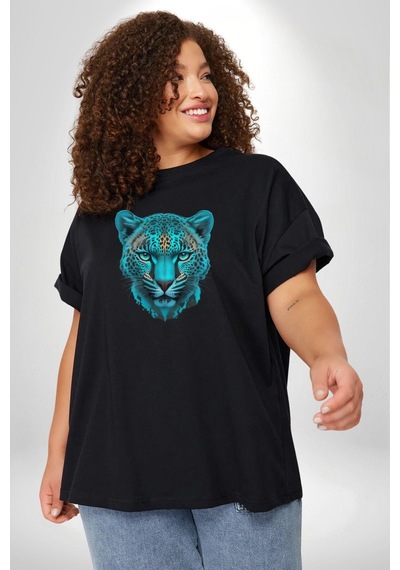 Angemiel Yeşil Leopar Kafası Siyah Büyük Beden Erkek Kadın Unisex Basic Ön Baskılı Tişört Siyah