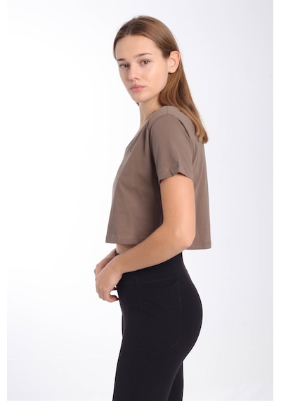 Maraton Sportswear Regular Kadın V Yaka Kısa Kol Basic Kakao Crop Top 21236 Kahverengi