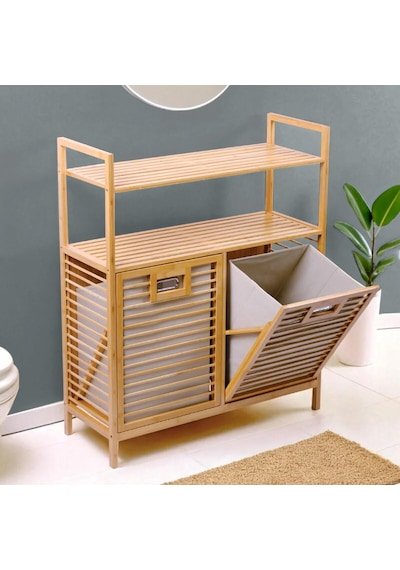 Tr Kirli 2 Kat Organizer Raflı - 2 Bölmeli Önden Çek Aç Kalın Ahşap Bambu Kirli Çamaşır Sepeti 80x33x87cm Diğer