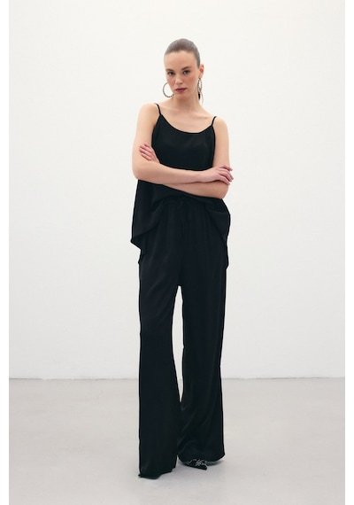 Sateen Bağcıklı Salaş Pantolon - Siyah-136378 Siyah