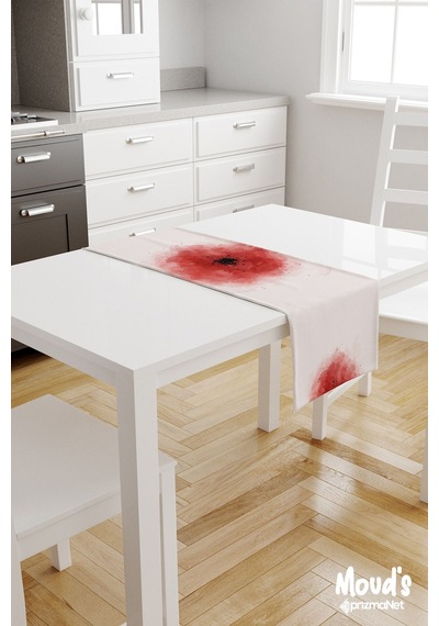 Poppy Red Desenli Baskılı Süet Runner Masa Örtüsü