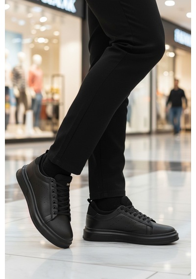 Siyah Bağcıklı Cilt Hafif Esnek Erkek Sneaker 179 M Siyah-siyah