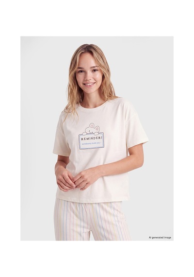 Lcw Young Ekru Bisiklet Yaka Baskılı Kadın Pijama Takım