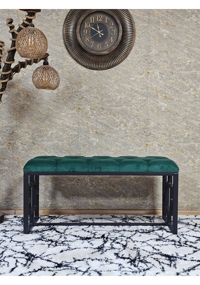 Zafir Siyah Boyalı İçi Kareli Diktörtgen 100 Cm X 40 Cm Oturak Puf - Bench - Makyaj Oturağı - Oturak Yeşil