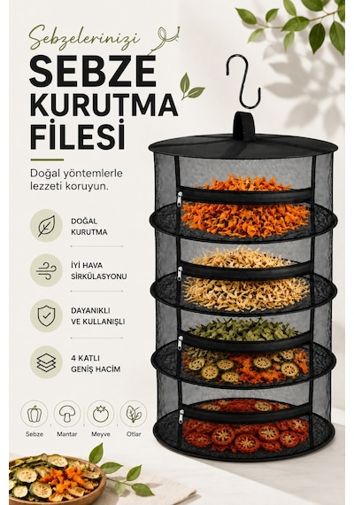 Tineke 4 Katlı Meyve Sebze Kurutma Filesi Katlanabilir Siyah
