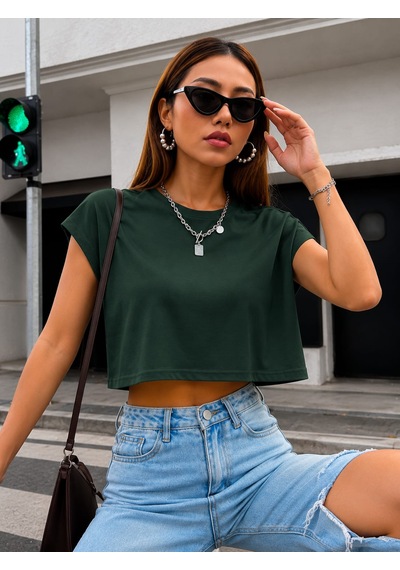 Bonnywıll Bonnywılll Bisiklet Yaka Düşük Kol Crop T-shırt Haki